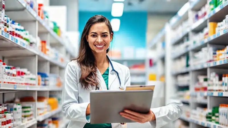 Farmacéutica confiada trabajando en farmacia moderna