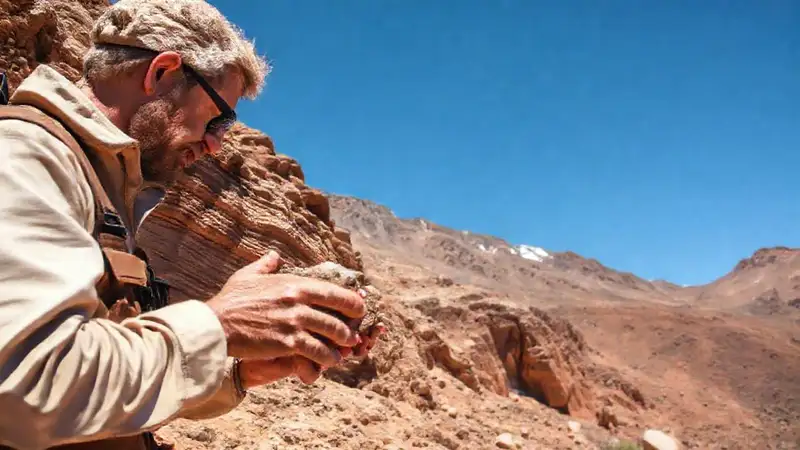 Geólogo inspecciona capas rocosas en montaña