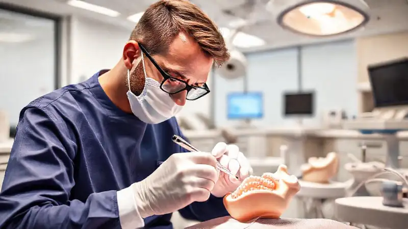 Estudiante de odontología practica con instrumentos dentales