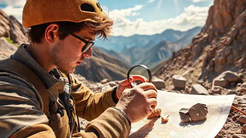 Estudiante de geología explorando rocas y mapas