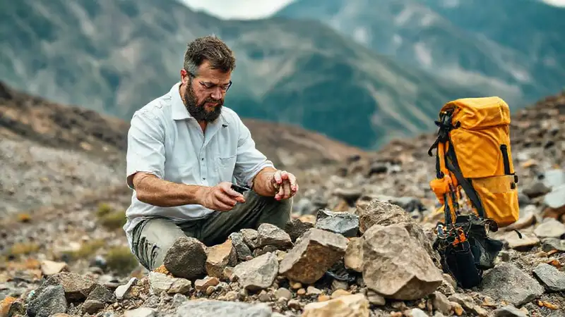 Geólogo evalúa rocas en paisaje sostenible