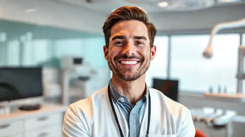 Dentista profesional y amigable en oficina moderna