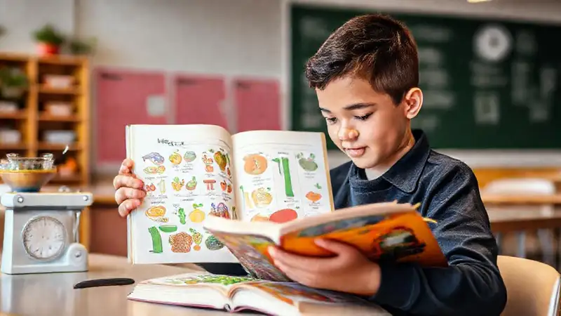 Estudiante estudia nutrición y alimentos saludables