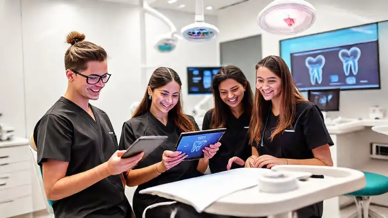 Estudiantes dentales en clínica moderna con tecnología