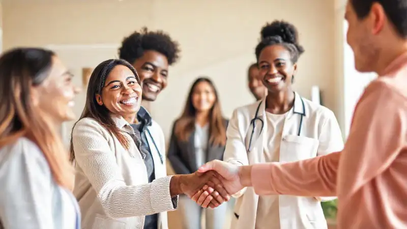Terapeuta y paciente se saludan en clínica cálida