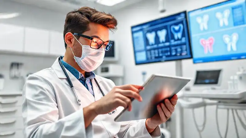 Estudiante de odontología con tecnología moderna