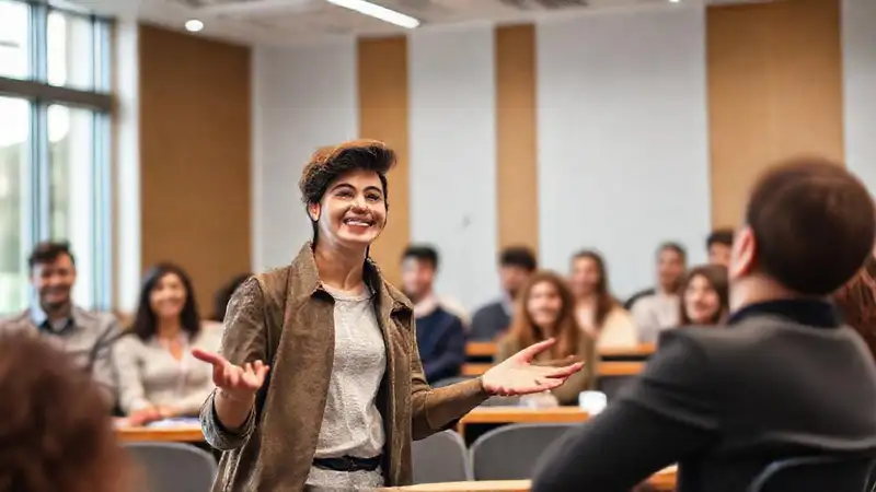 Estudiante universitario presenta confiado en aula