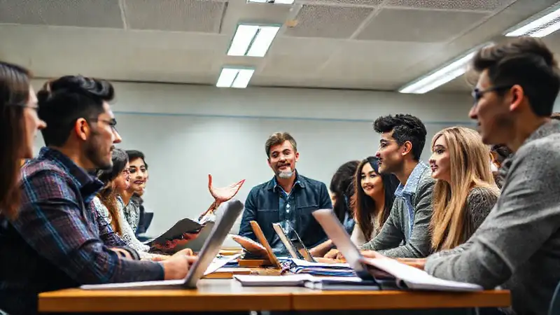 Profesor motiva con estudiantes en aula moderna