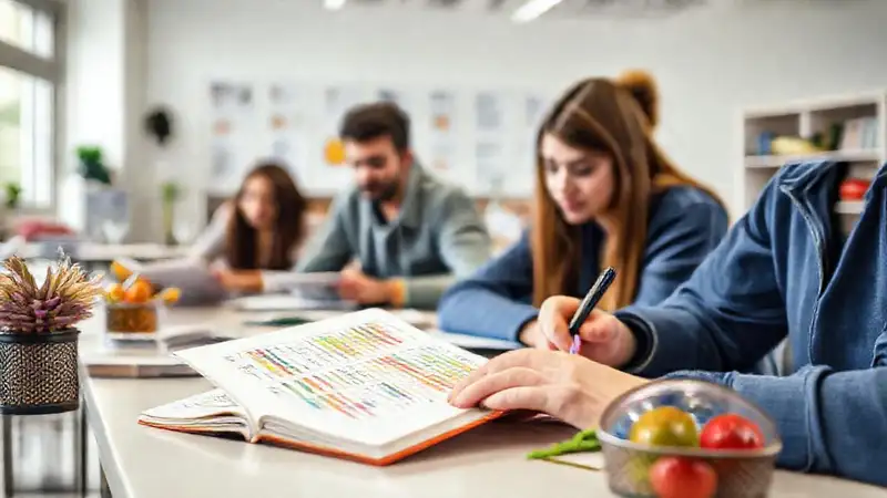 Estudiantes estudian con cuaderno y gráficos coloridos