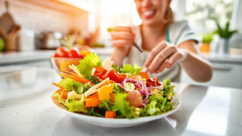 Plato saludable y colorido con frutas y verduras