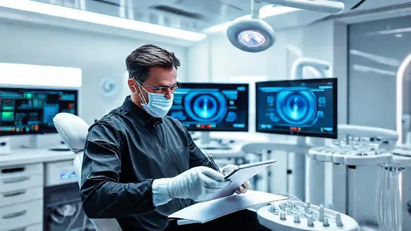 Dentista usando tecnología avanzada en clínica moderna