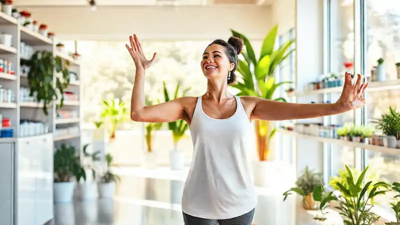 Mujer haciendo yoga en farmacia luminosa y moderna