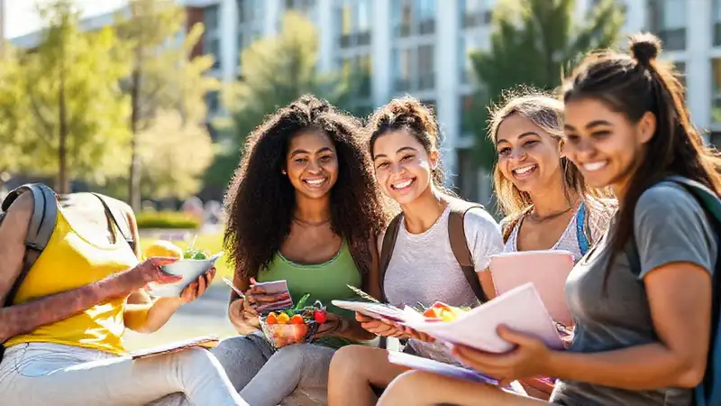 Estudiantes activos y saludables en campus vibrante