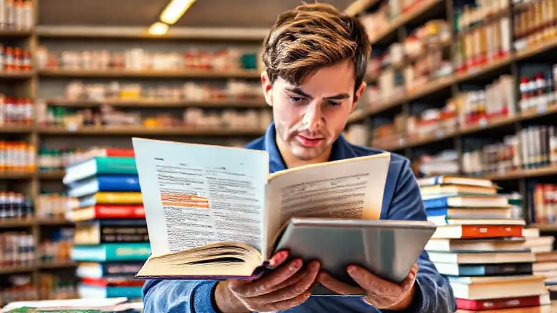 Estudiante estudiando con libros y tablet en biblioteca