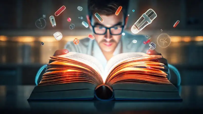 Libro abierto con símbolos médicos y energía