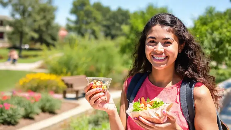 Estudiante con snack saludable en parque soleado