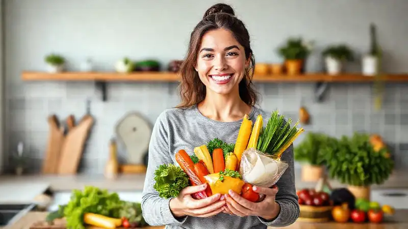 Persona motivada con comida saludable y energía