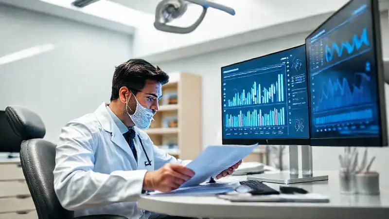 Dentista revisa finanzas en clínica moderna