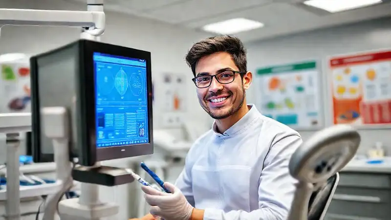 Estudiante de odontología en clínica moderna digital