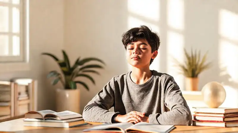 Estudiante tranquilo meditando en ambiente relajante