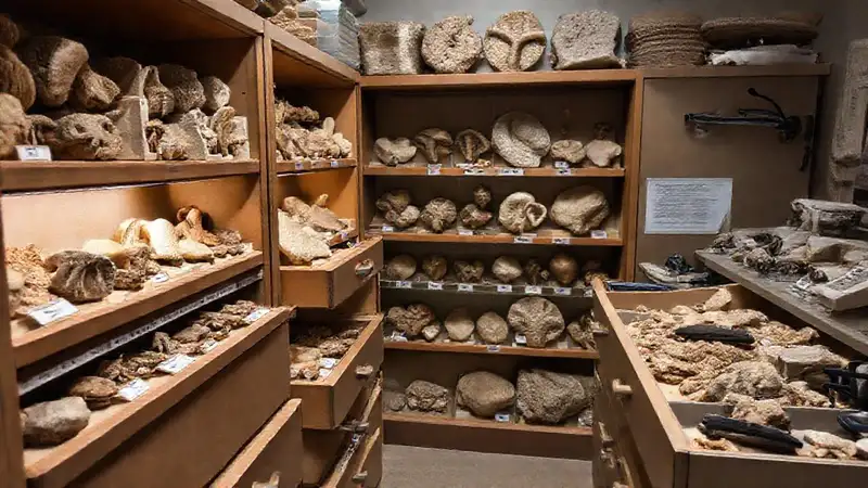Almacenamiento y exhibición cuidadosa de fósiles