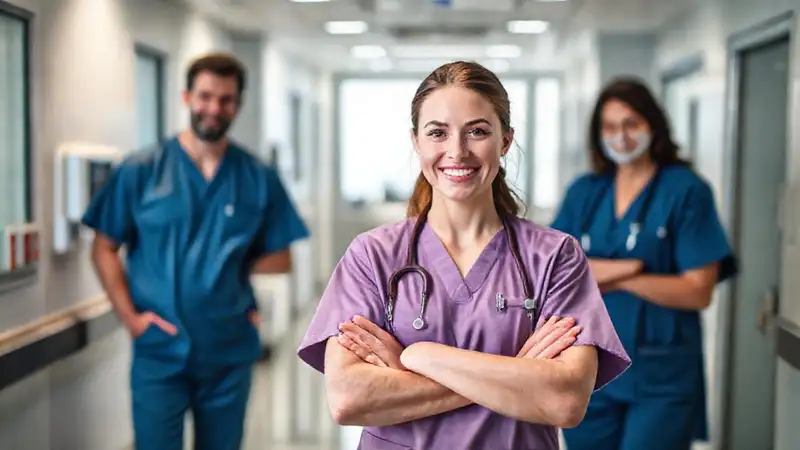 Enfermera calma en ambiente hospitalario moderno