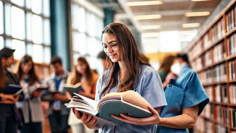 Estudiante de enfermería estudiando en biblioteca moderna
