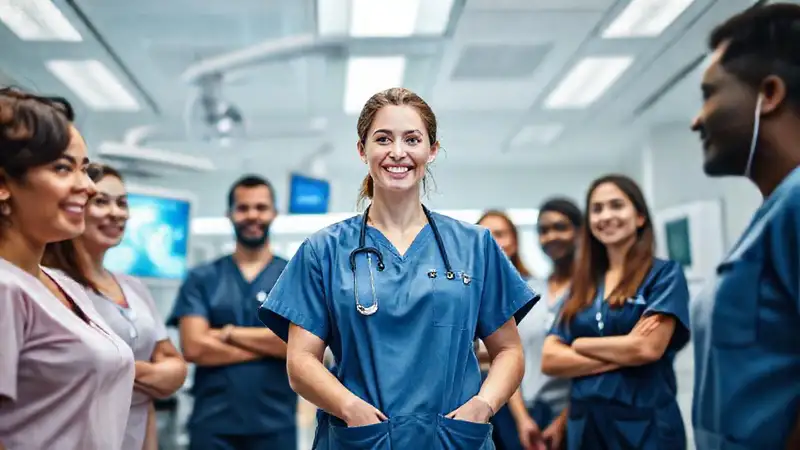 Enfermera lidera equipo en hospital moderno