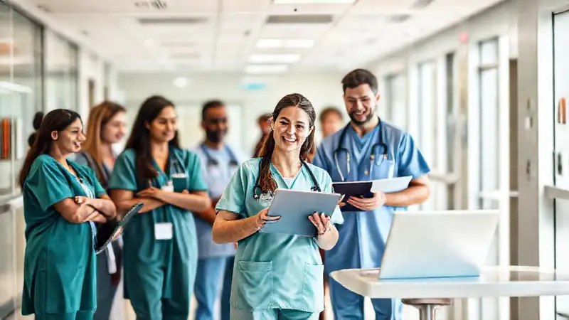 Enfermera colaborando en hospital moderno y organizado