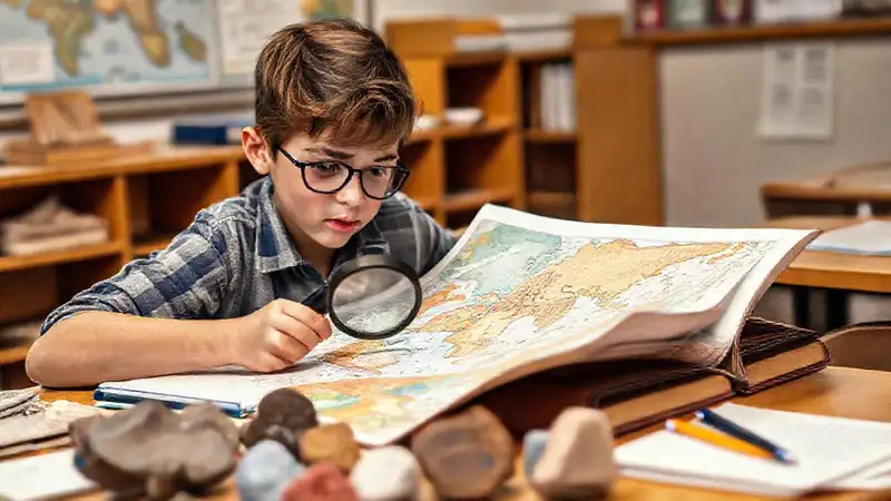 Estudiante analizando mapas y minerales en clase