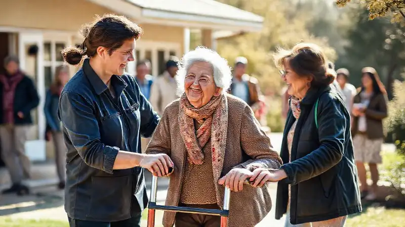 Voluntario ayuda a anciana en entorno comunitario