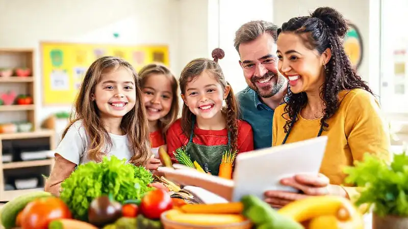 Estudiantes felices aprenden sobre nutrición saludable