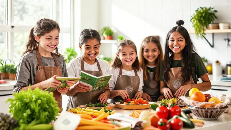 Libros, estudiantes, fruta, cocina, ambiente vibrante