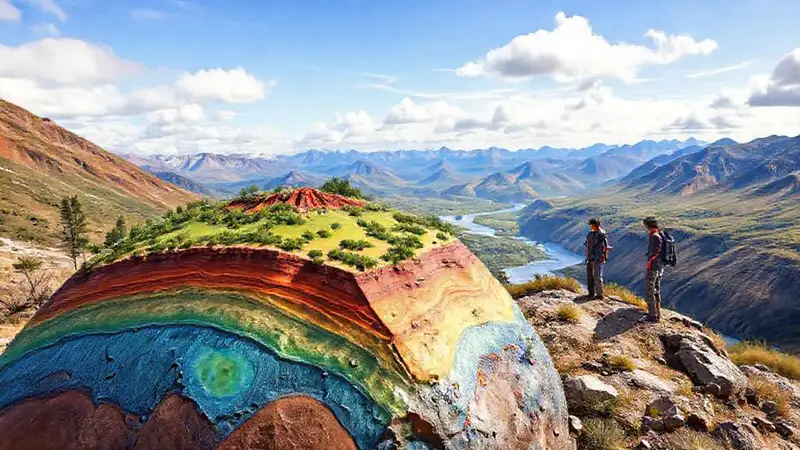 Estudiantes estudian geología en paisaje natural