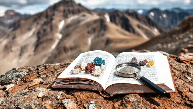 Libro de geología con minerales y paisaje montañoso