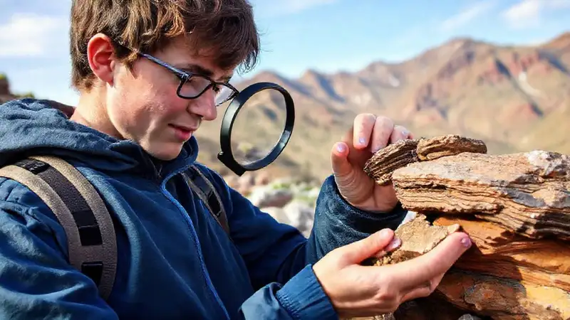 Estudiante de geología examina rocas en outdoors