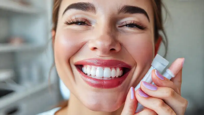 Mujer con sonrisa brillante y productos dentales