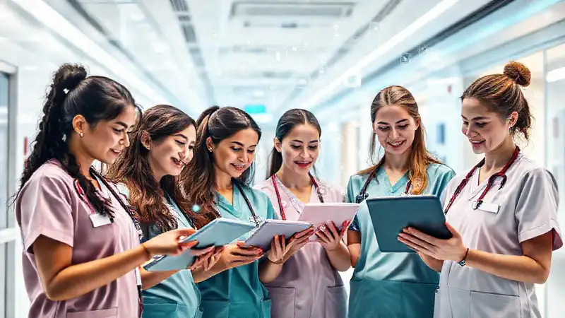 Estudiantes de enfermería en hospital futurista digital