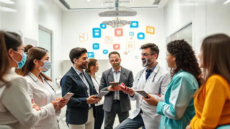 Odontólogos modernistas intercambiando ideas con tecnología