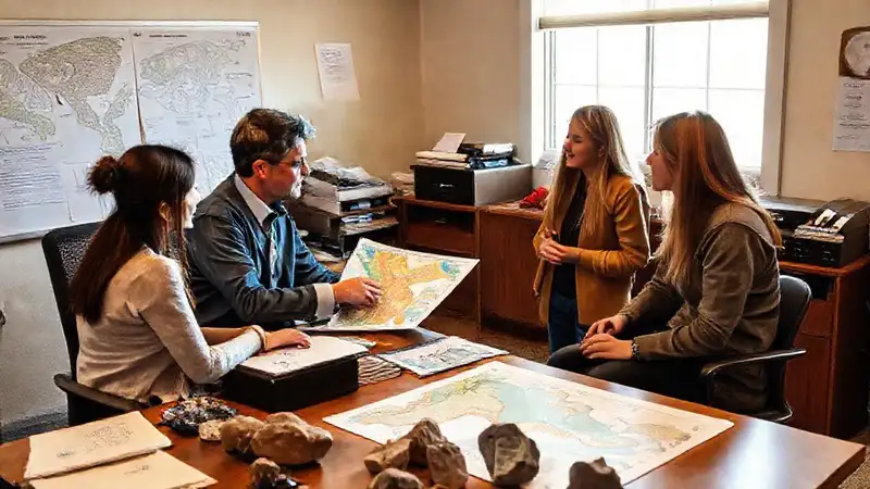 Estudiantes y profesor discuten mapas en aula