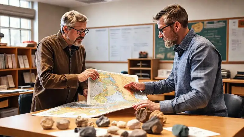 Profesor y alumno analizan mapas y minerales