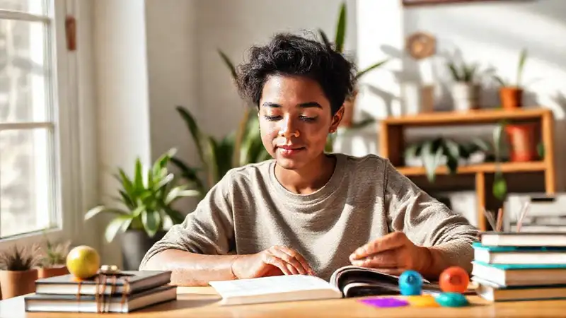 Estudiante tranquilo con herramientas de relajación