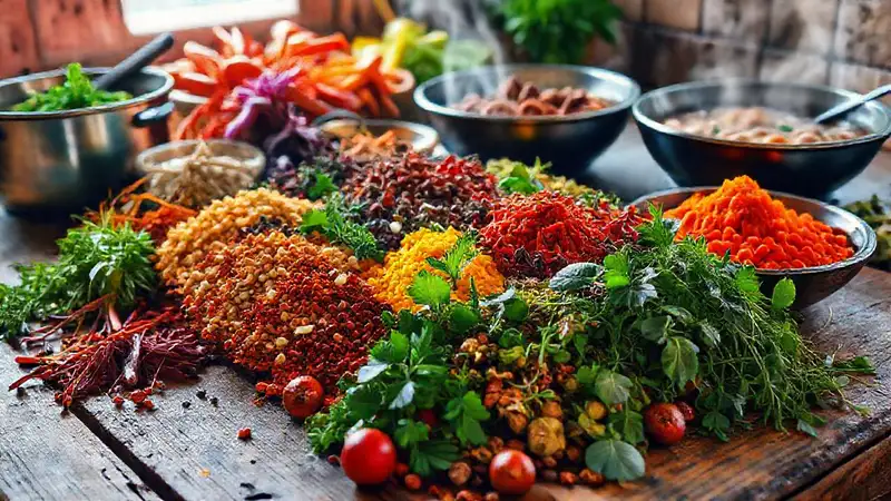Variedad de especias y platos saludables