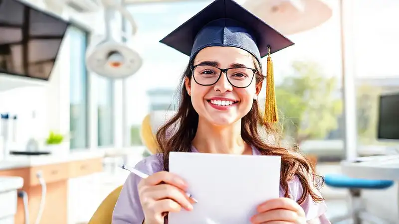 Estudiante sonriente en clínica dental y beca