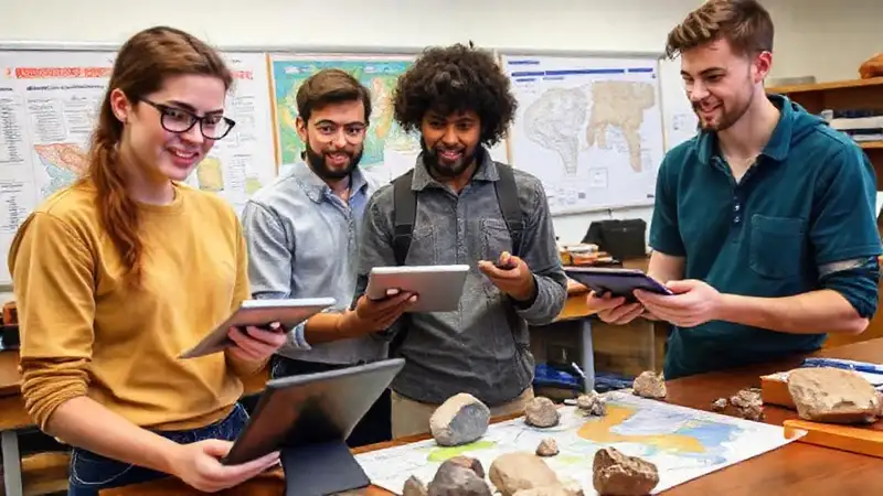 Estudiantes de geología en aula con herramientas educativas