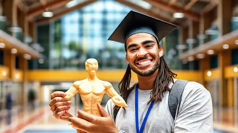 Estudiante motivado en gimnasio universitario sonriente