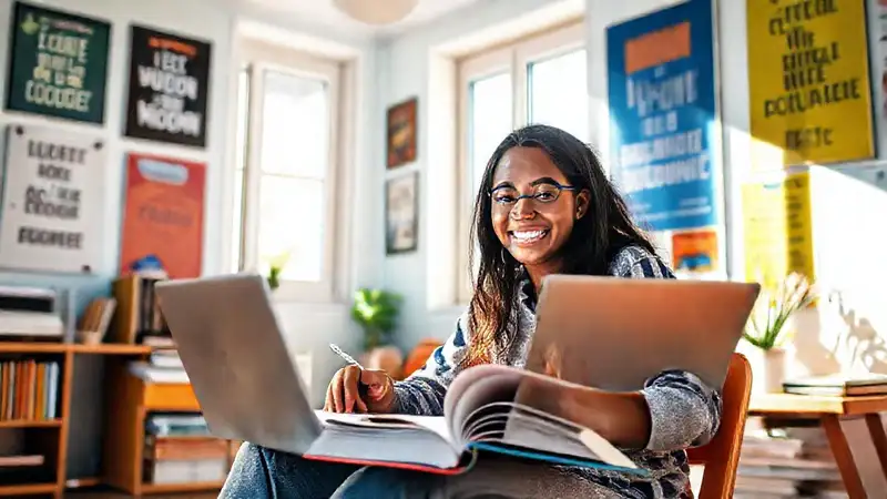 Estudiante motivado estudiando en ambiente alegre