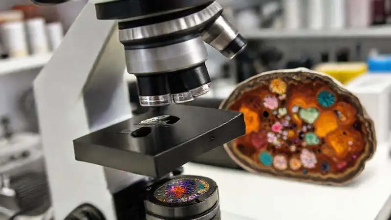 Microscopio petrográfico analiza minerales en laboratorio