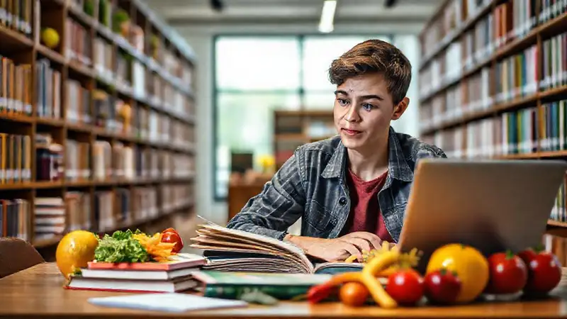Estudiante estudia nutrición en biblioteca moderna