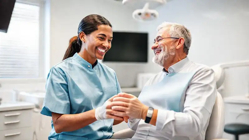 Dentista amigable en clínica moderna y confiable